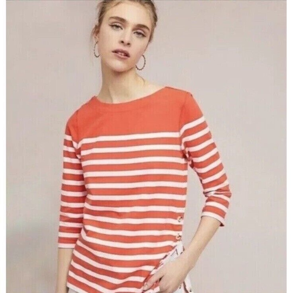 Maeve Anthropologie Boat Neck Orange Striped Coastal Button Detail Top-‎ Size S